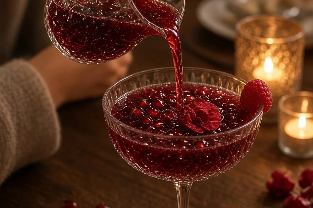 A close-up of a woman's hands pouring ruby mocktail into a crystal coupe glass garnished with raspberry and rose petal on a wooden table under soft candlelight