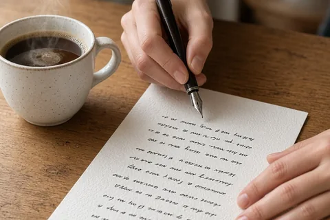 A close-up of a woman's hands writing a poem on cardstock at a kitchen table with coffee.