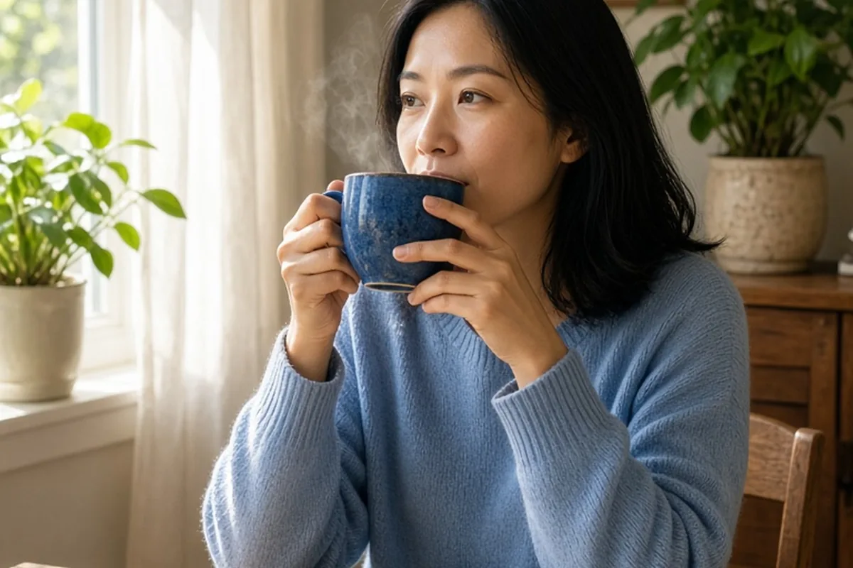 A woman with shoulder-length straight black hair in a light blue sweater sitting at a wooden table in a bright home, holding a steaming coffee mug and looking out the window calmly.