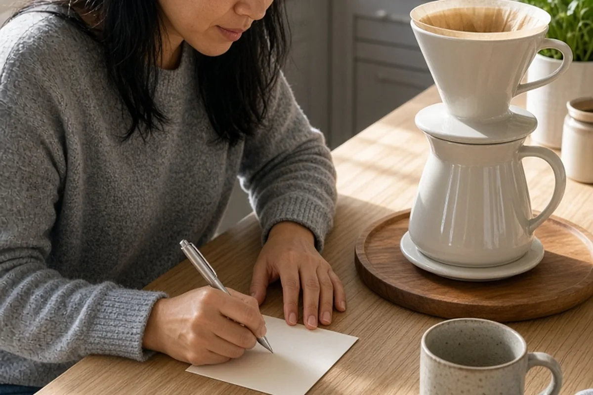 A woman in her late twenties with straight black hair writing a self-love quote on an index card with a pen at a kitchen counter next to a coffee maker, captured from a three-quarter elevated angle in