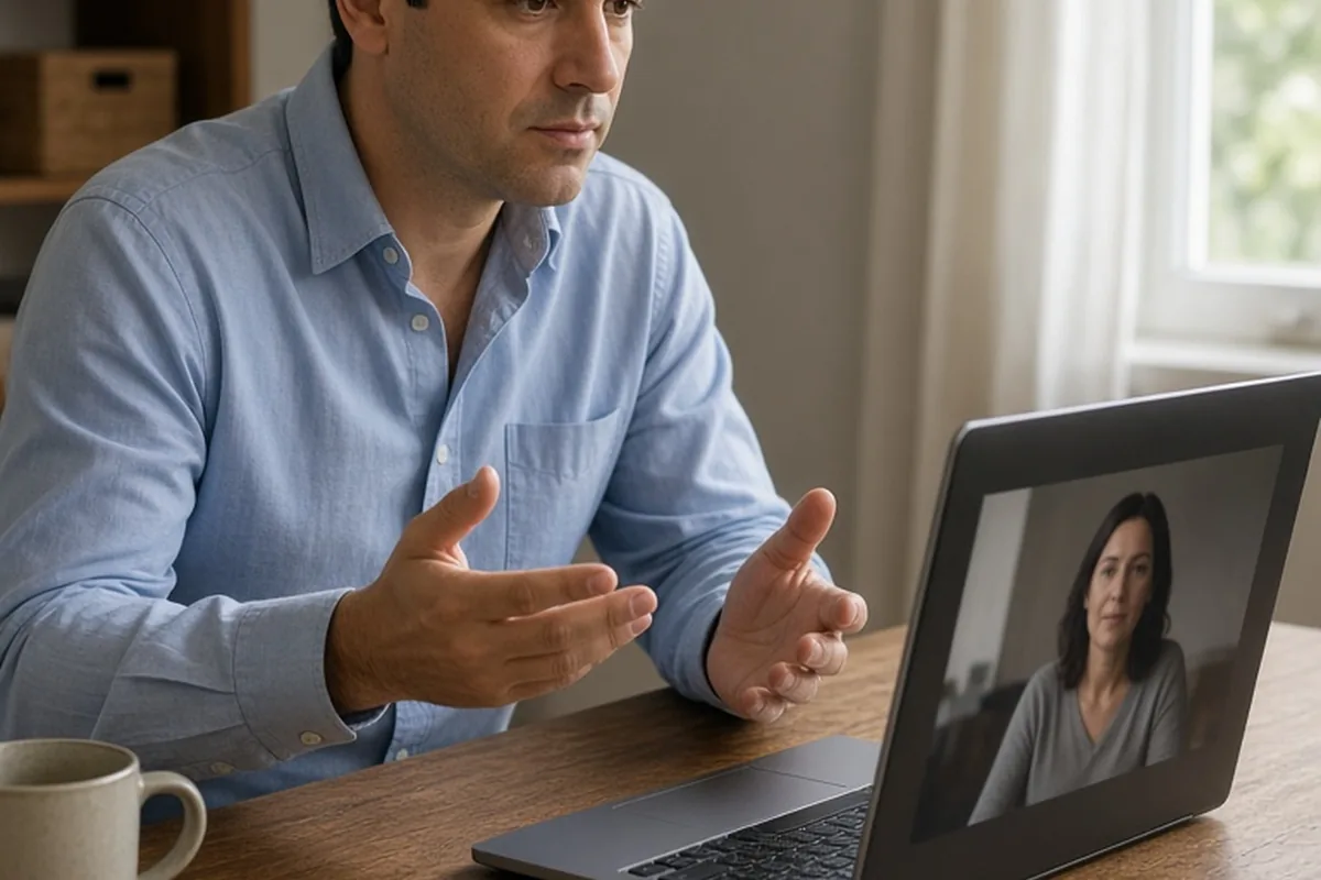 A man sitting at his desk on a video call, speaking calmly and seriously.