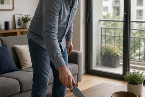 A man in a modern apartment living room places his phone screen down on the coffee table and walks onto the balcony as it rings.