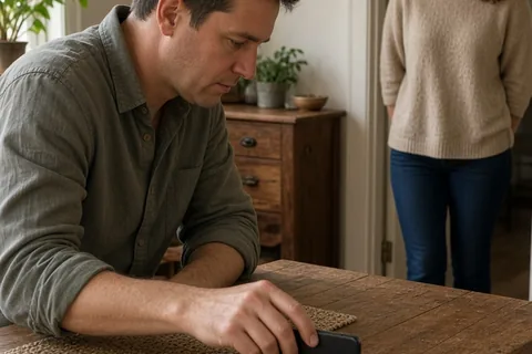 Man turning his phone face down as a woman watches from the doorway in the living room