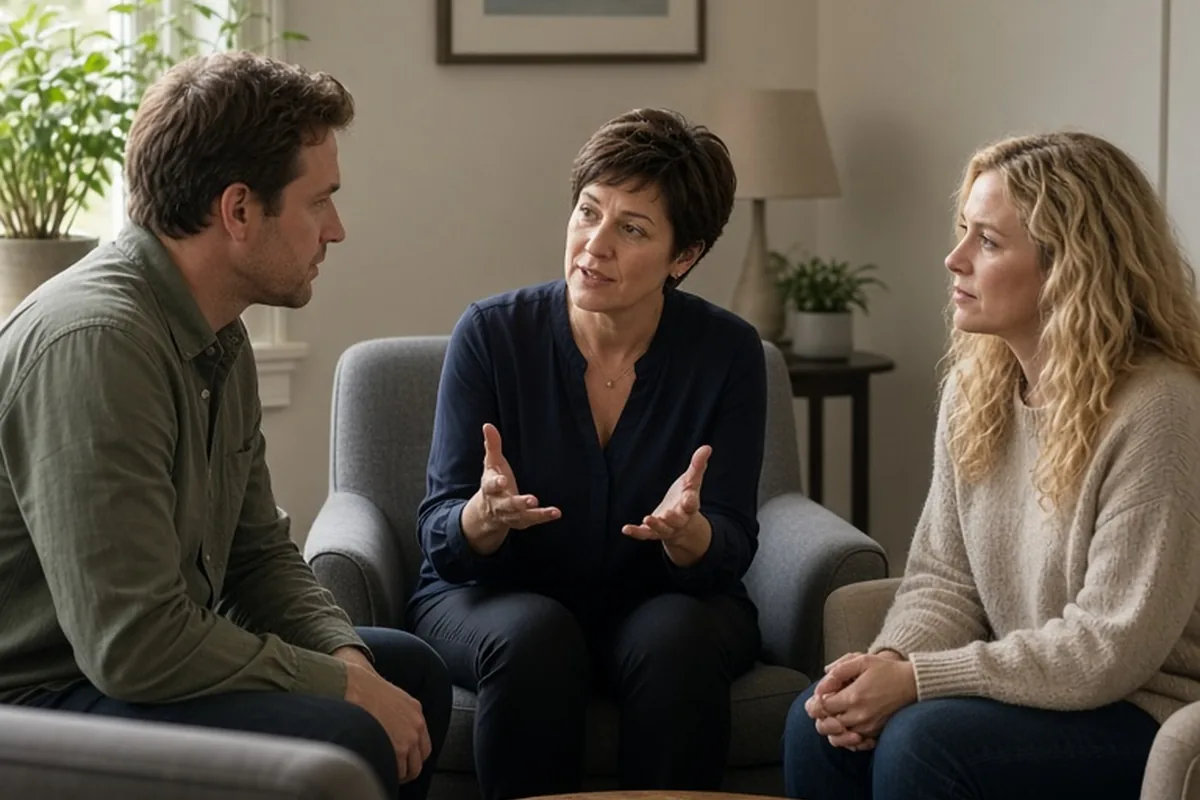 A female therapist asking a couple about their future life in five years without compromising on core values in a therapy office, with all three visible from an eye-level medium shot