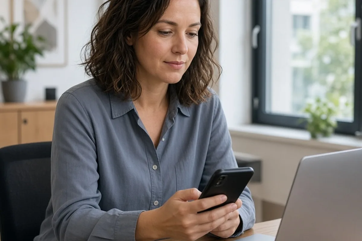 A woman in professional attire seated at an office desk holding her smartphone with a thoughtful expression