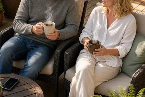 A mid-thirties couple sitting on a back patio with mugs of tea and phones not visible