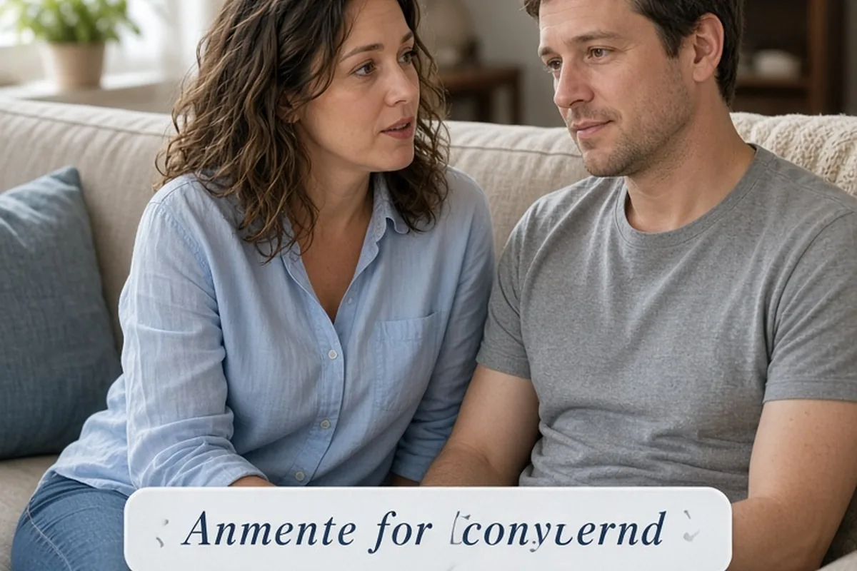 A woman in her mid-thirties with shoulder-length wavy brown hair wearing a light blue blouse and jeans is summarizing her husband's experience of feeling overwhelmed when the schedule changed without 
