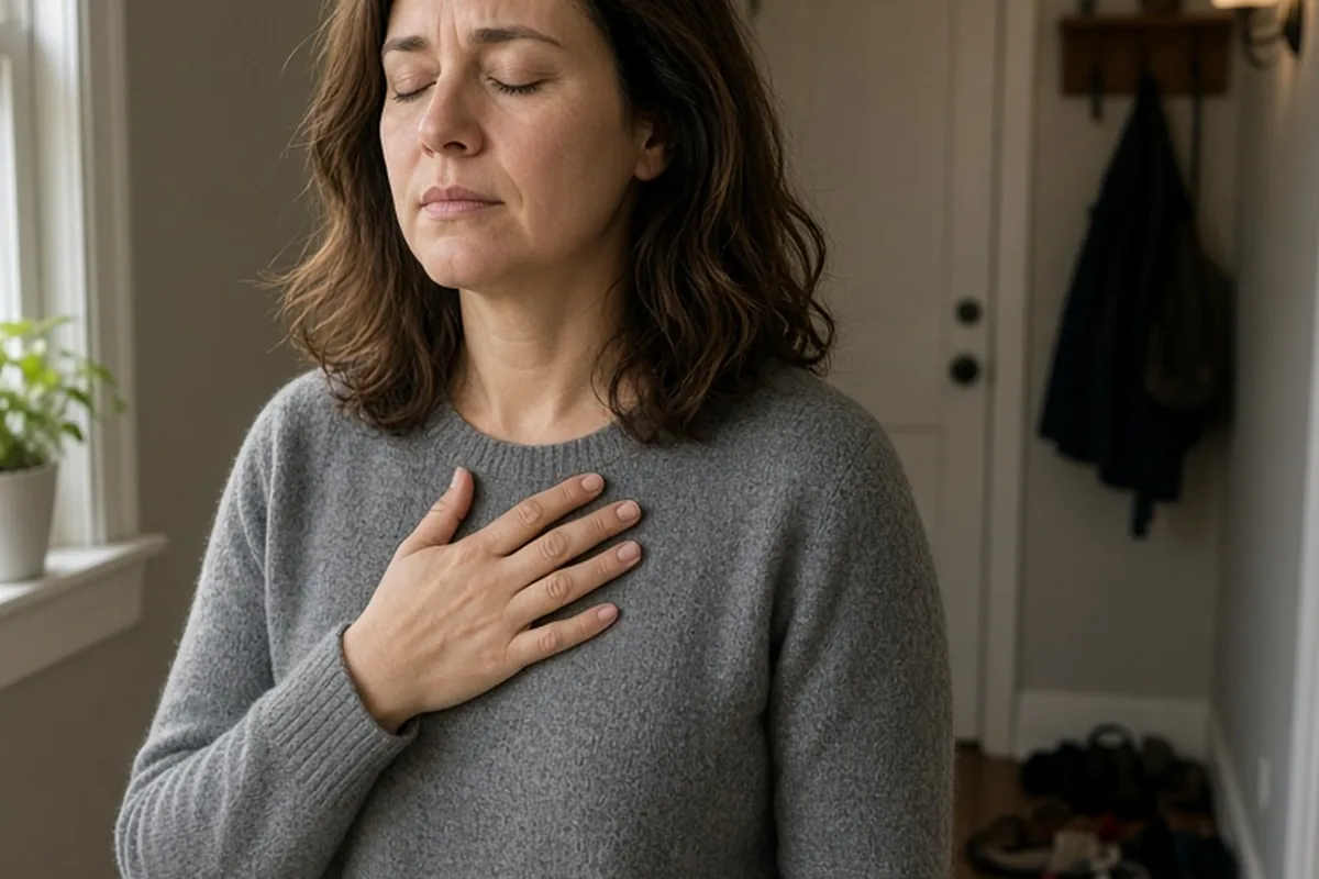 Single mother in her thirties with brown hair taking deep breaths in a home hallway, eyes closed with calm determined expression