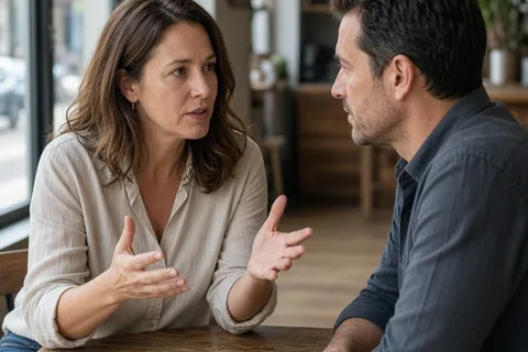 A clearly adult woman in her early forties with shoulder-length brown hair and a clearly adult man in his early forties with short dark hair seated at a table in a modern cafe engaged in a conversatio