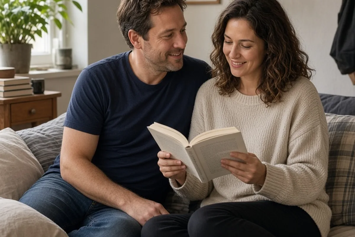 A clearly adult couple sitting on a bed in a bedroom, one reading a book while the other listens with a gentle smile