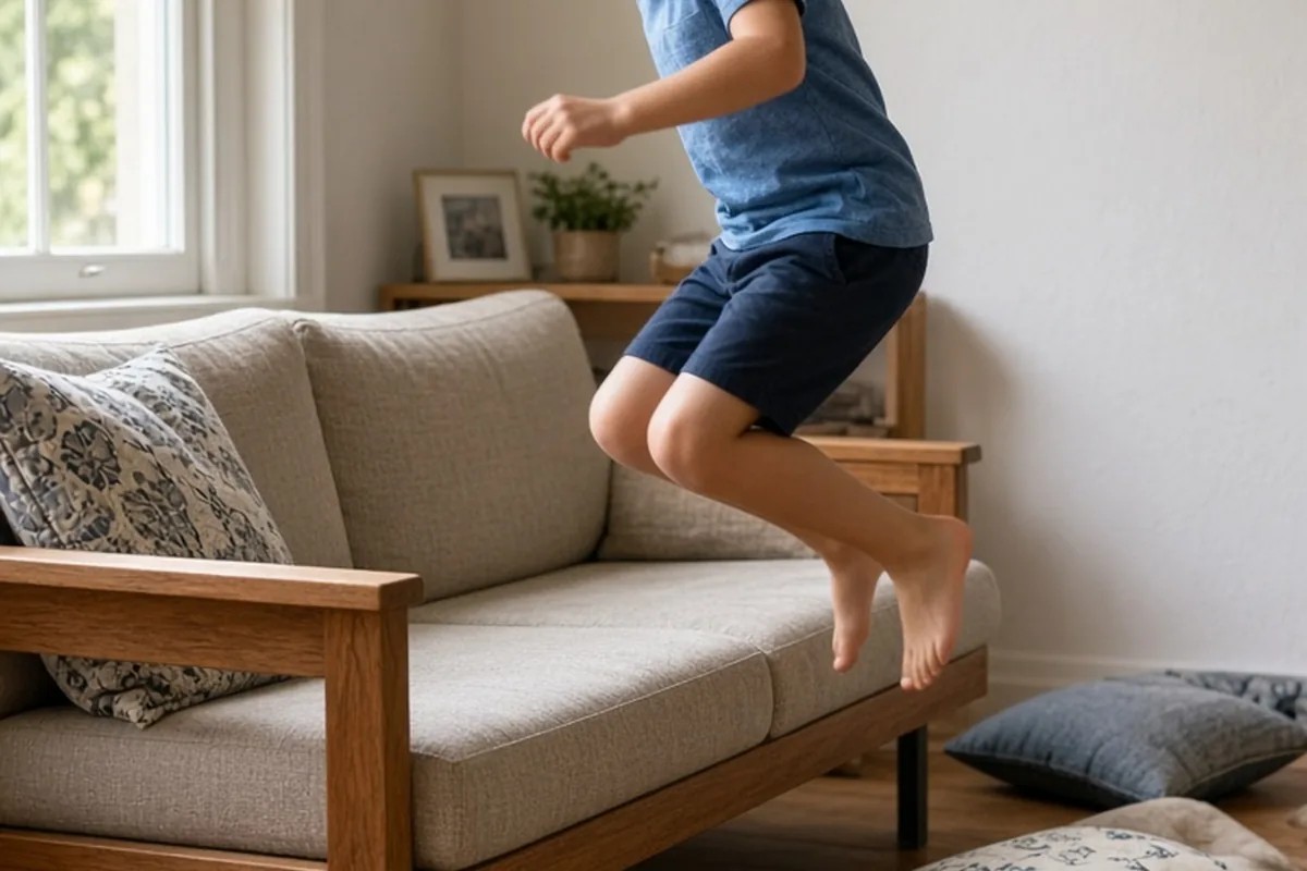Young boy jumping off sofa wearing saucepan helmet in living room with scattered cushions
