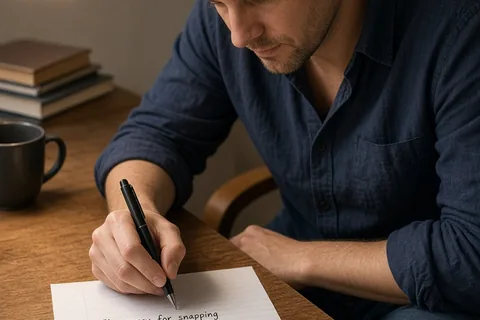 A man in his thirties with short brown hair wearing a casual shirt seated at a wooden desk writing an apology note on lined paper with a pen, warm desk lamp light illuminating the scene with realistic