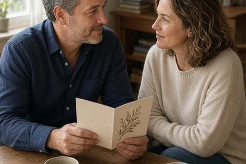 A middle-aged couple seated at a wooden table making soulful eye contact while the man holds an anniversary card