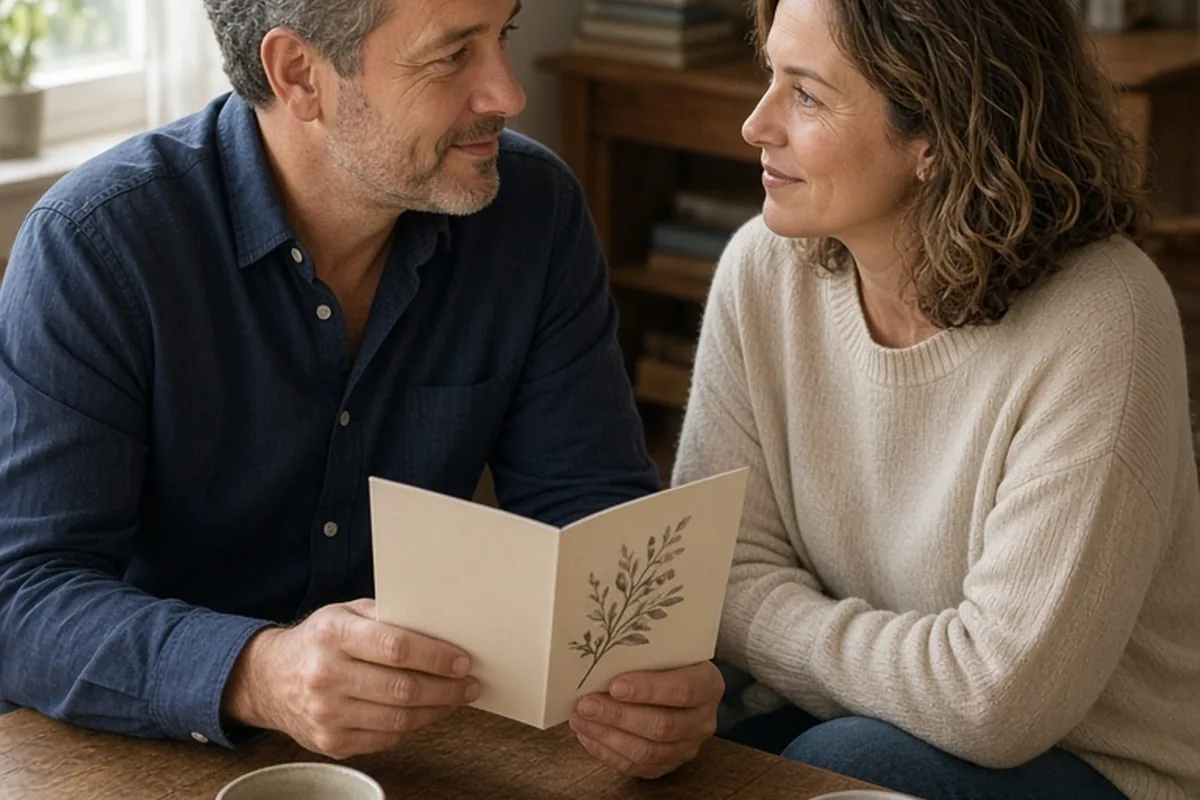 A middle-aged couple seated at a wooden table making soulful eye contact while the man holds an anniversary card