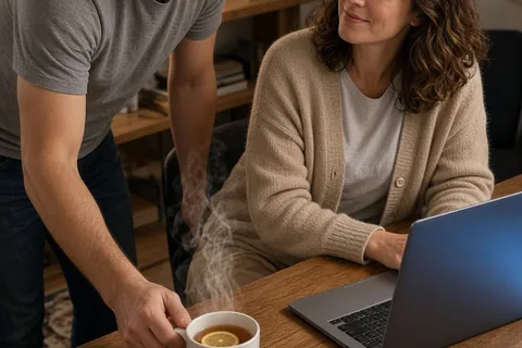 A man placing a steaming cup of tea on a desk where a woman is working late at night, with her looking up with a soft smile