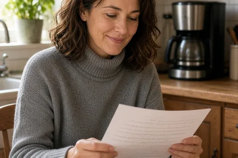 A woman in her late thirties holding a handwritten note at a kitchen table next to a coffee maker
