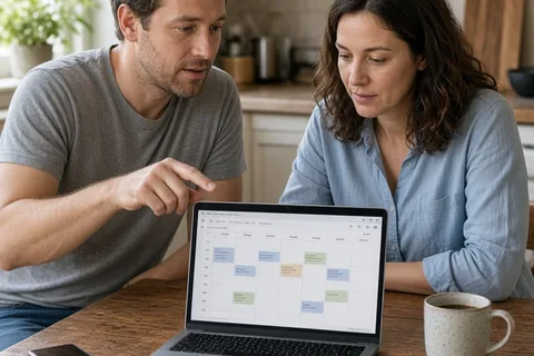 Two adults in their thirties seated at a wooden kitchen table, one gesturing at a laptop screen showing a calendar while the other looks at it