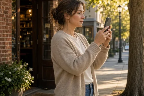 A clearly adult woman in her thirties with shoulder-length brown hair standing outside a coffee shop holding her smartphone up to capture morning light in the background.