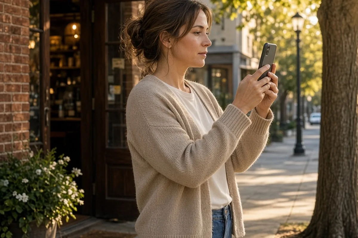 A clearly adult woman in her thirties with shoulder-length brown hair standing outside a coffee shop holding her smartphone up to capture morning light in the background.