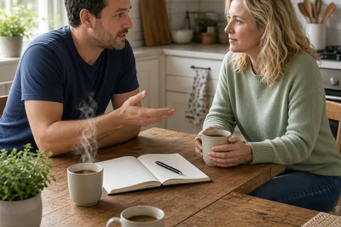 A man and a woman in their mid-thirties sitting at a kitchen table in the morning, discussing weekly plans over coffee with an open notebook between them, soft natural light illuminating the scene