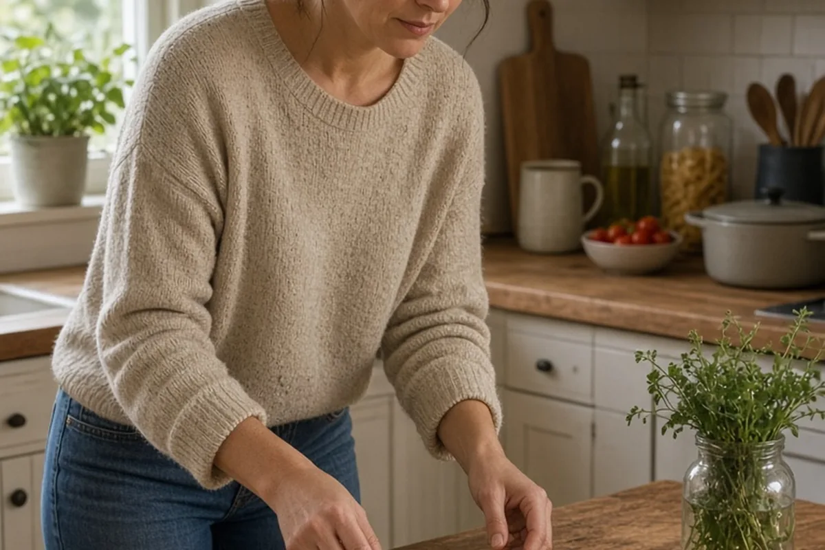A mother in her thirties with short dark hair in a loose ponytail wearing a casual sweater and jeans in a cozy kitchen calmly setting a simple dinner plate on the table with a calm and determined expr