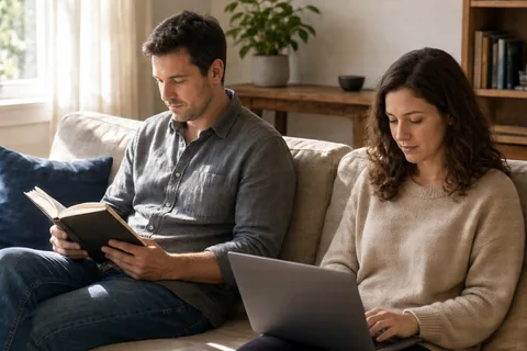 A man in his thirties and a woman in her late twenties sitting comfortably side by side on a couch in a sunlit living room, one reading a book and the other on a laptop, in natural unhurried silence.
