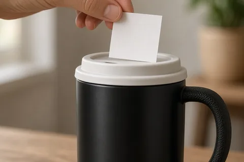 Close-up of an adult hand carefully pressing a small white sticky note onto the lid of a black travel coffee mug