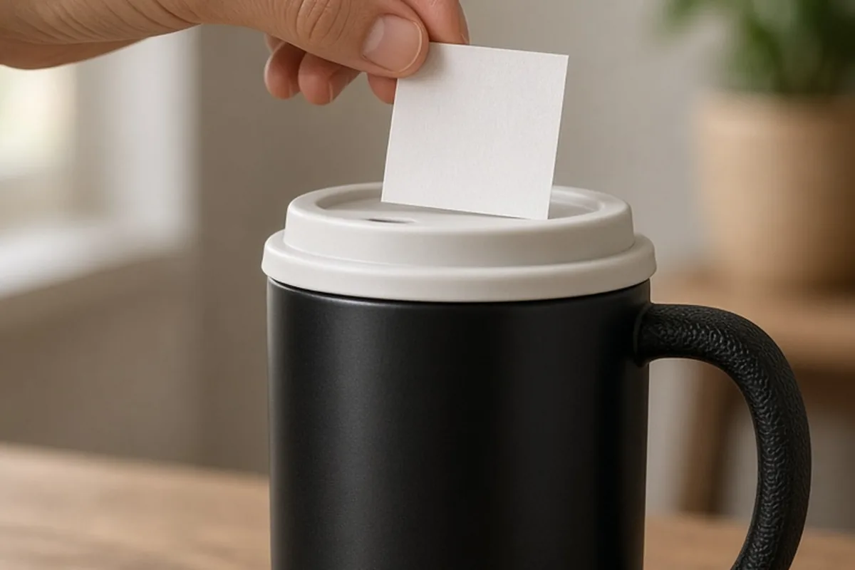 Close-up of an adult hand carefully pressing a small white sticky note onto the lid of a black travel coffee mug