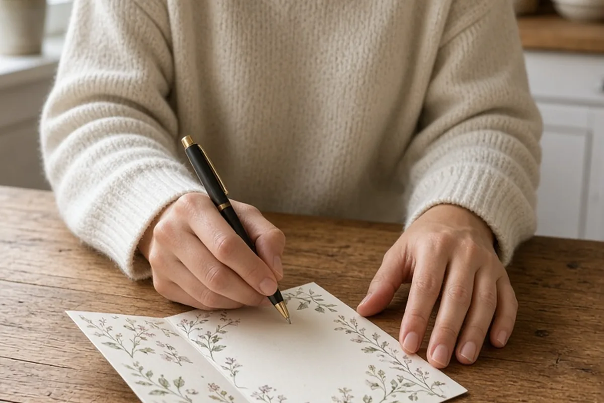 A clearly adult woman in her late twenties with shoulder-length brown hair wearing a casual cream sweater seated at a wooden kitchen table, writing a short message on a small floral card with a pen in