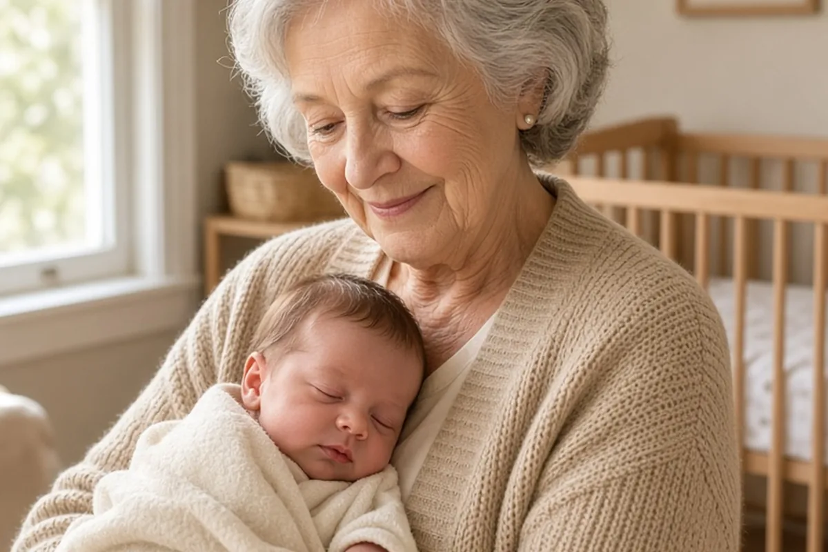 A grandmother with silver hair gently cradling a sleeping newborn baby girl in her arms in a cozy nursery