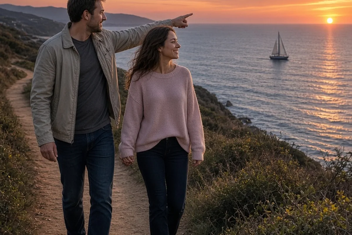 A man and a woman walking hand in hand on a coastal trail at sunset with a sailboat on the horizon