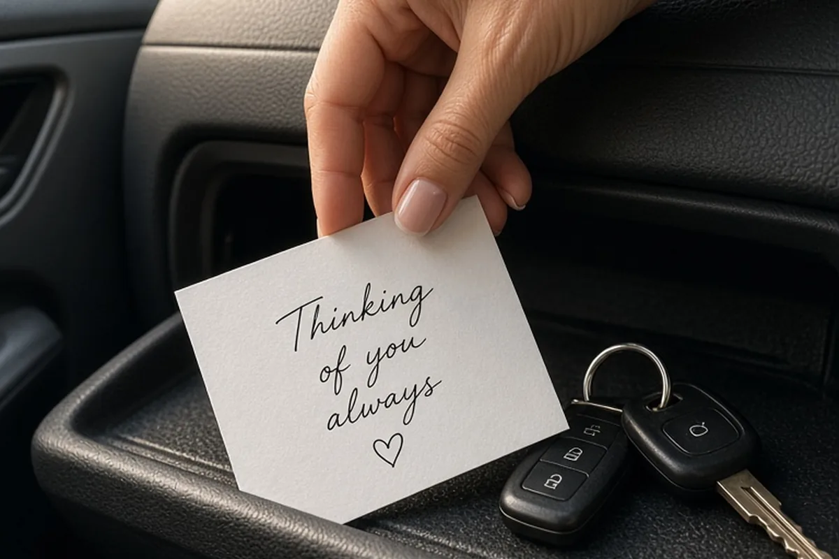A hand placing a handwritten note on a car dashboard