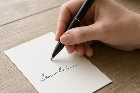A hand writing on a small white note card on a kitchen counter with coffee mug in background