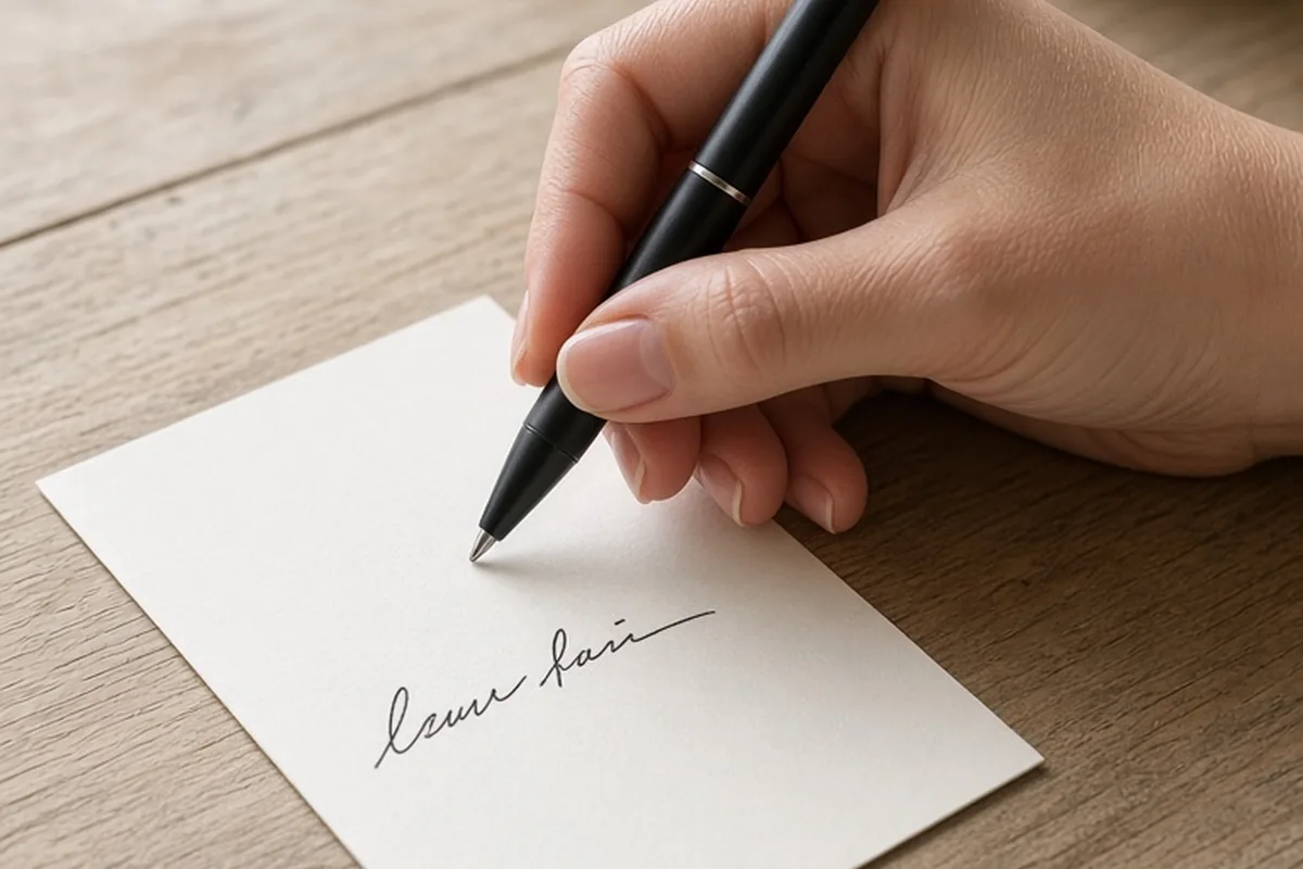 A hand writing on a small white note card on a kitchen counter with coffee mug in background