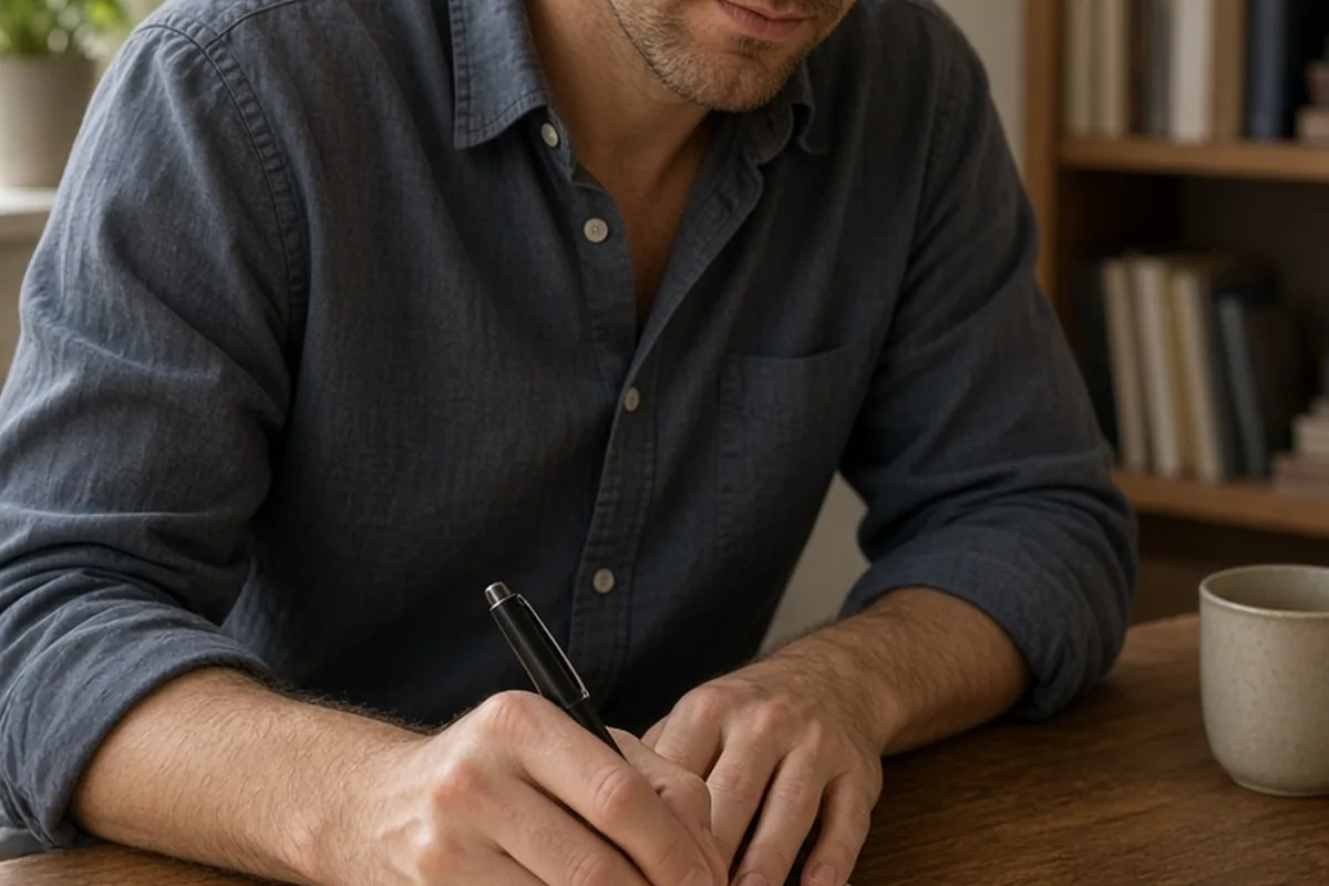 A man in his thirties with short brown hair wearing a casual button-down shirt writing a poem on a card at a wooden desk in a home office with natural light from a window