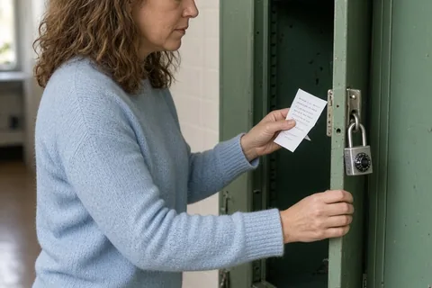 A clearly adult woman sliding a folded handwritten letter into an open school locker in a hallway.