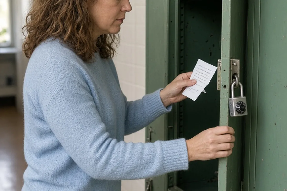 A clearly adult woman sliding a folded handwritten letter into an open school locker in a hallway.
