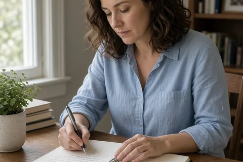 A woman with shoulder-length wavy brown hair sitting at a desk writing a letter with a pen, focused expression, home office setting