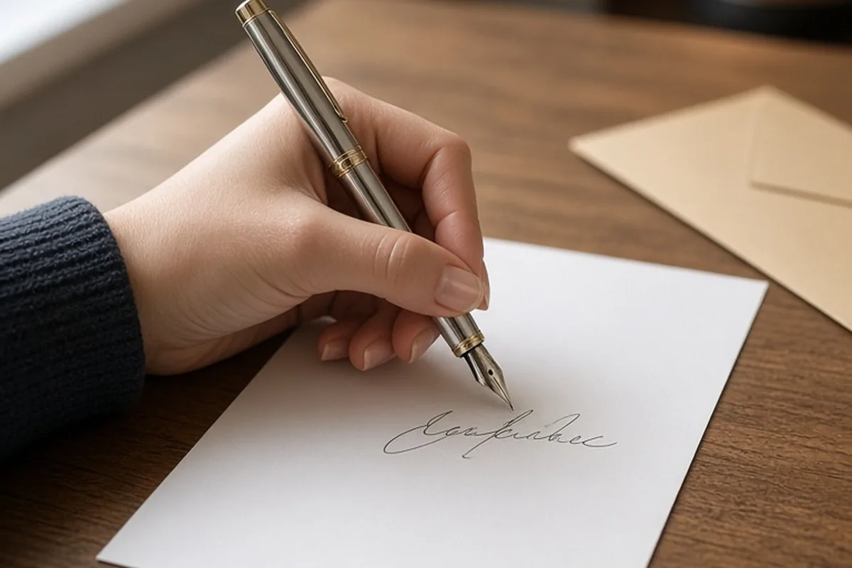 A hand writing on paper at an office desk