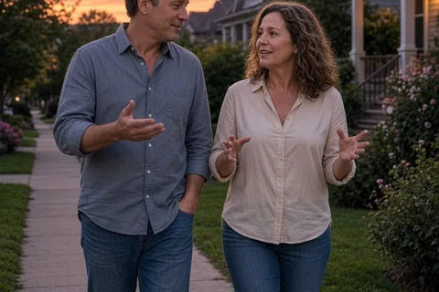 A middle-aged couple walking side by side on a suburban sidewalk at dusk, engaged in conversation about home projects