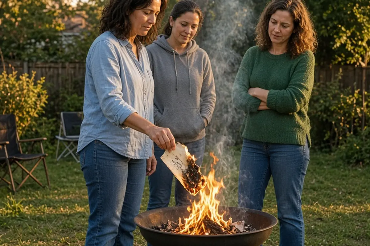 A woman in a backyard lighting a fire bowl containing a letter as her two friends watch, with flames and smoke visible.