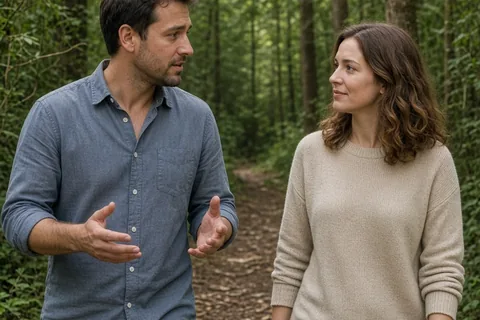 A man and woman walking on a forest trail engaged in a deep conversation about relationship needs.