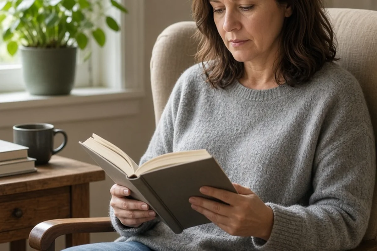 A woman in her forties with shoulder-length brown hair reading an open book in a chair by a window with a calm focused expression