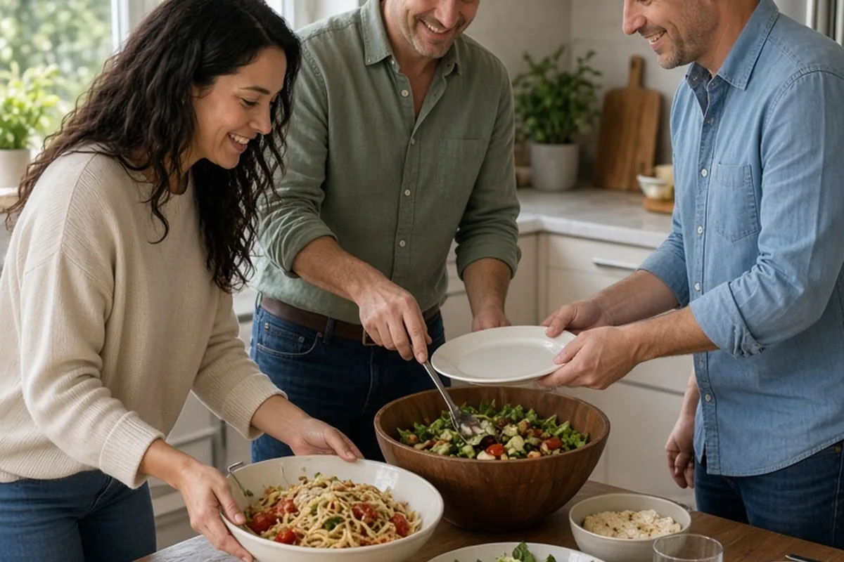 Three adults in a modern kitchen casually serving food at a potluck dinner table