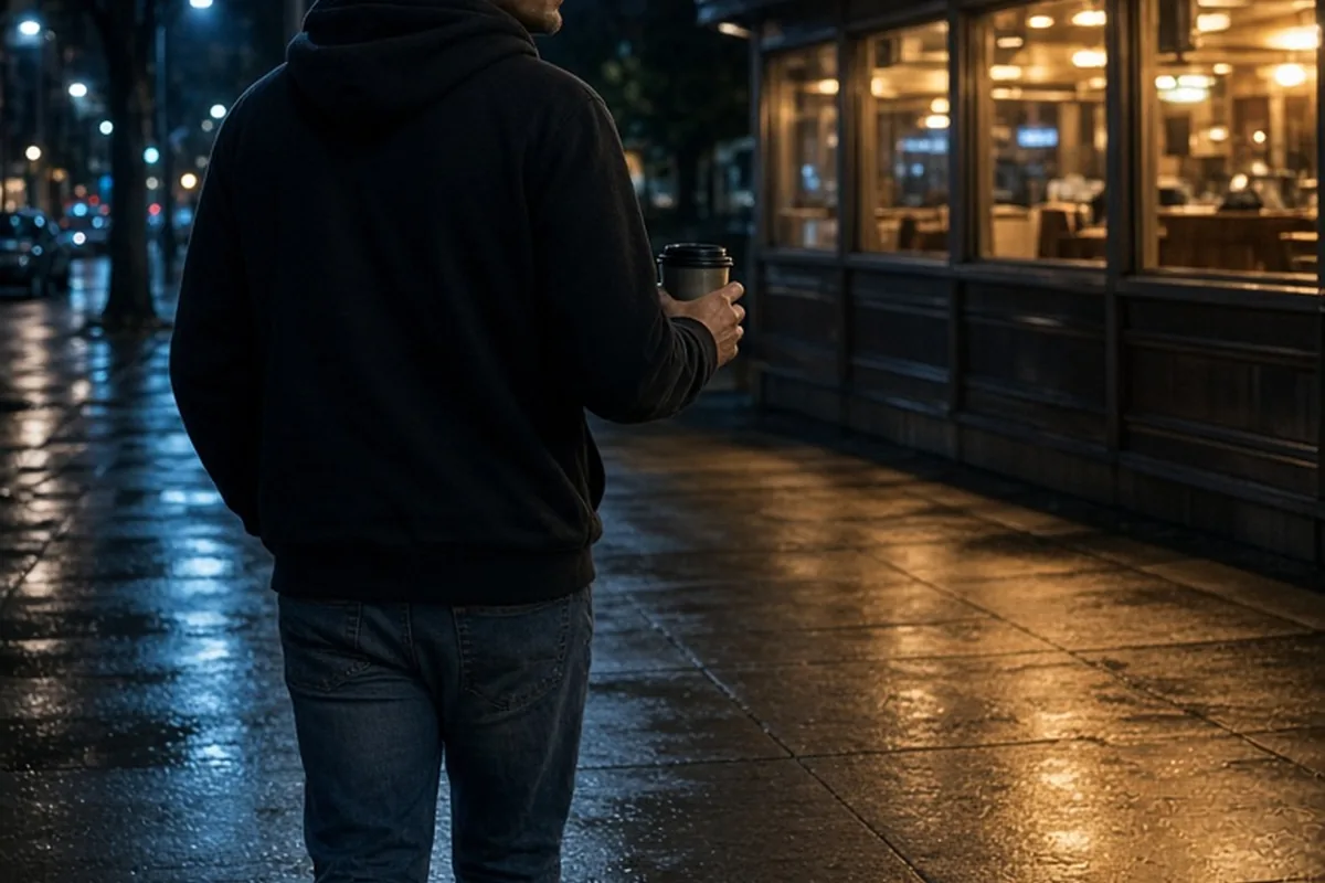 A man in his thirties with short dark hair wearing a black hoodie and jeans walking down a nighttime city street carrying coffee, phone in pocket, heading to an all-night diner
