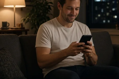 A man in his thirties with short brown hair sitting in a living room at night holding a smartphone and smiling at the screen