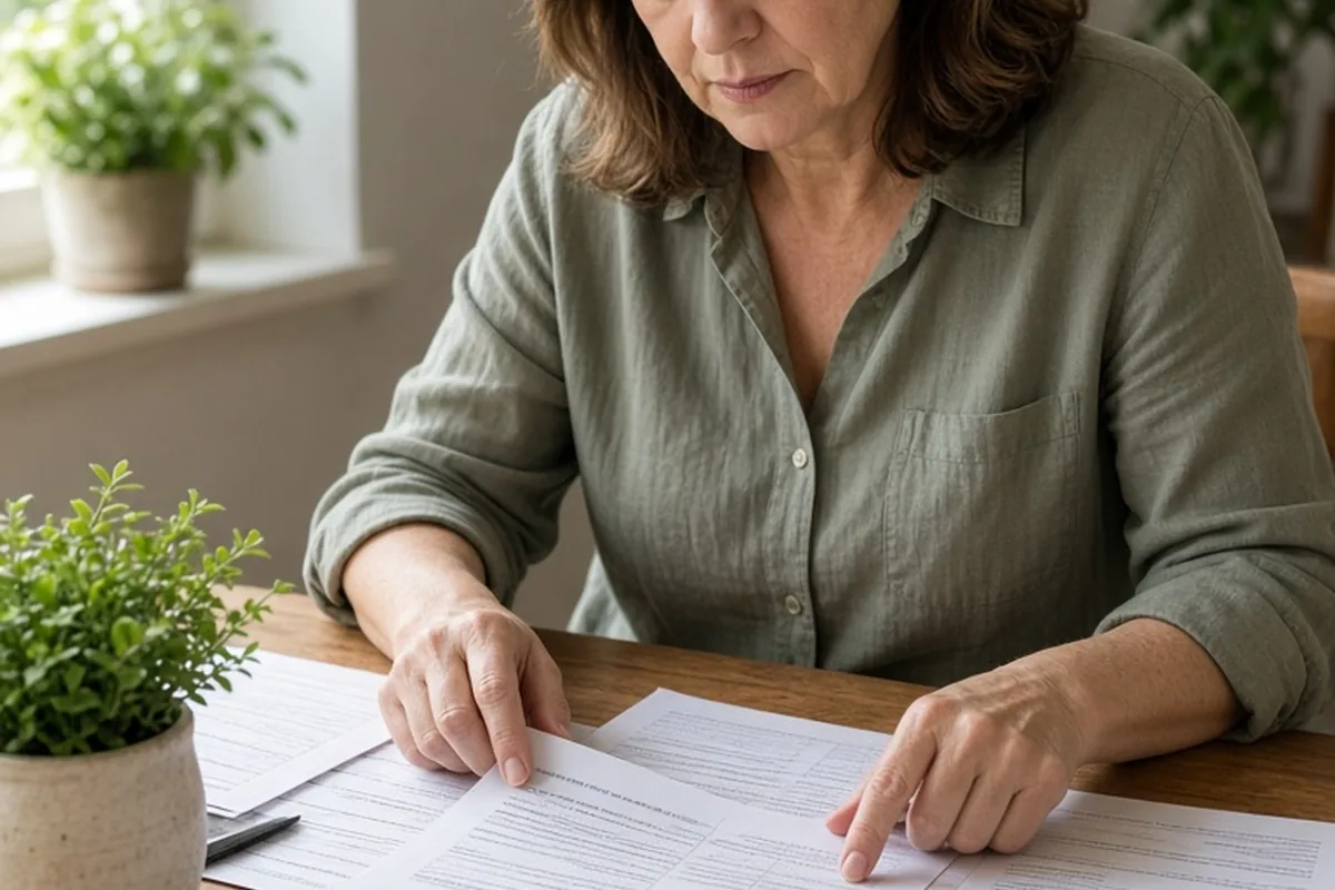 A woman in her late 50s reviewing financial documents at her home office desk