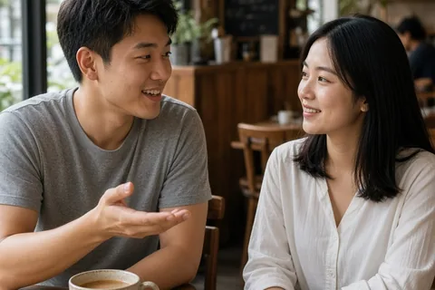 A young man smiling and speaking to a woman at a coffee shop table as he invites her on a date.