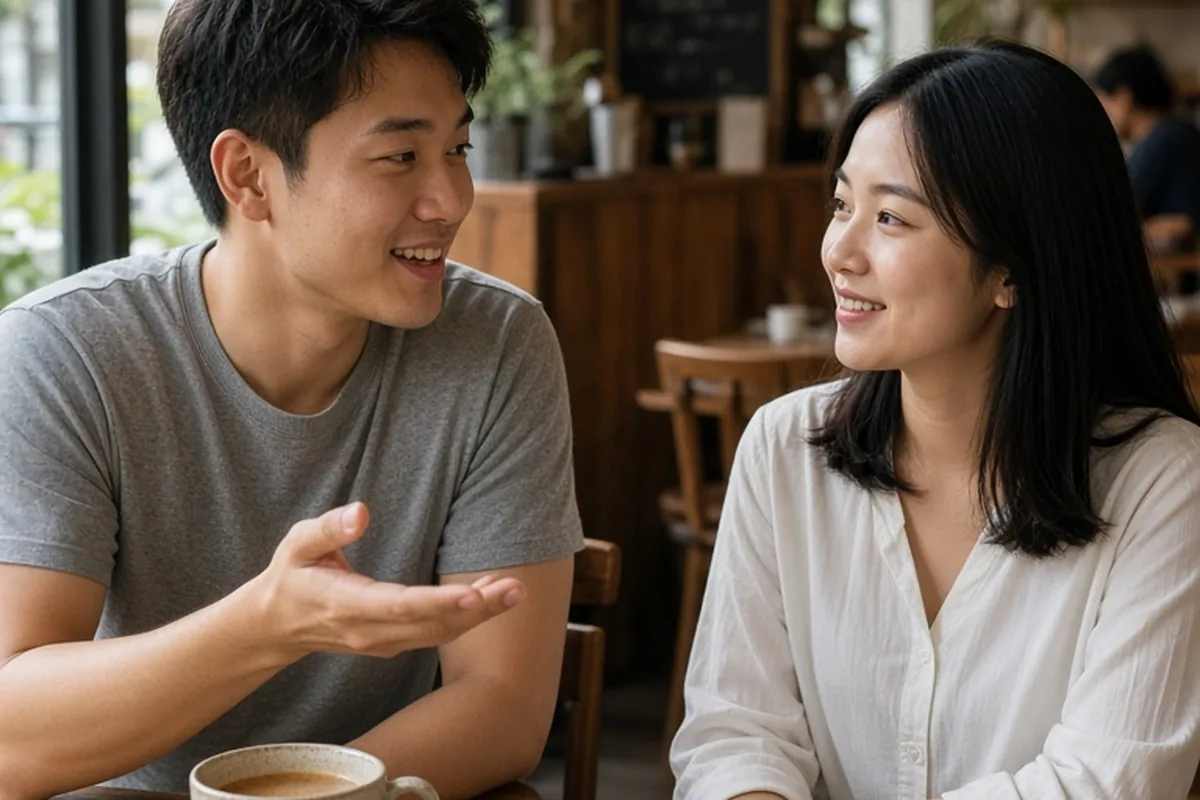 A young man smiling and speaking to a woman at a coffee shop table as he invites her on a date.