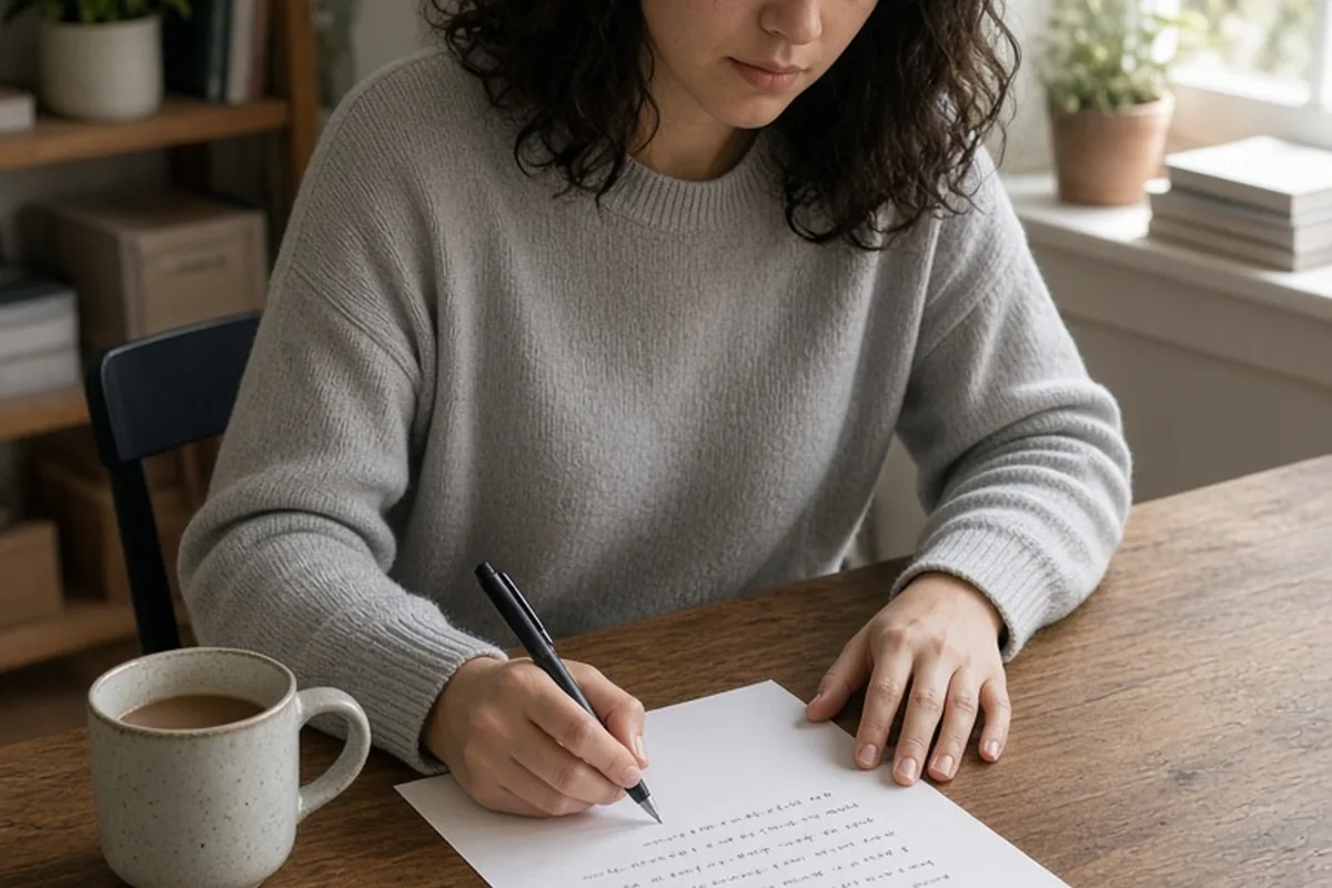 A woman in her mid-twenties with wavy dark hair writing a handwritten apology letter at her desk in a home office